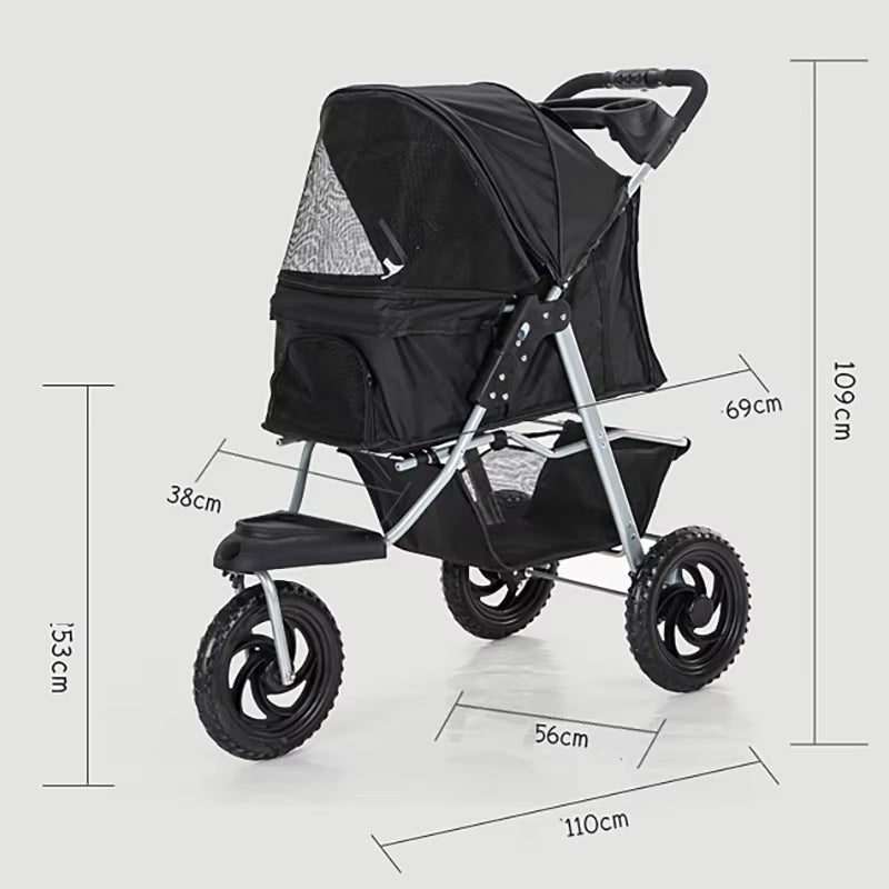 Three-Wheel Portable Pet Stroller - Foldable Dog Trolley with Breathable Design, Supports Up to 15kg