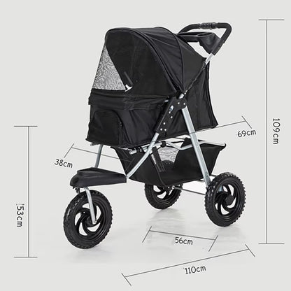 Three-Wheel Portable Pet Stroller - Foldable Dog Trolley with Breathable Design, Supports Up to 15kg
