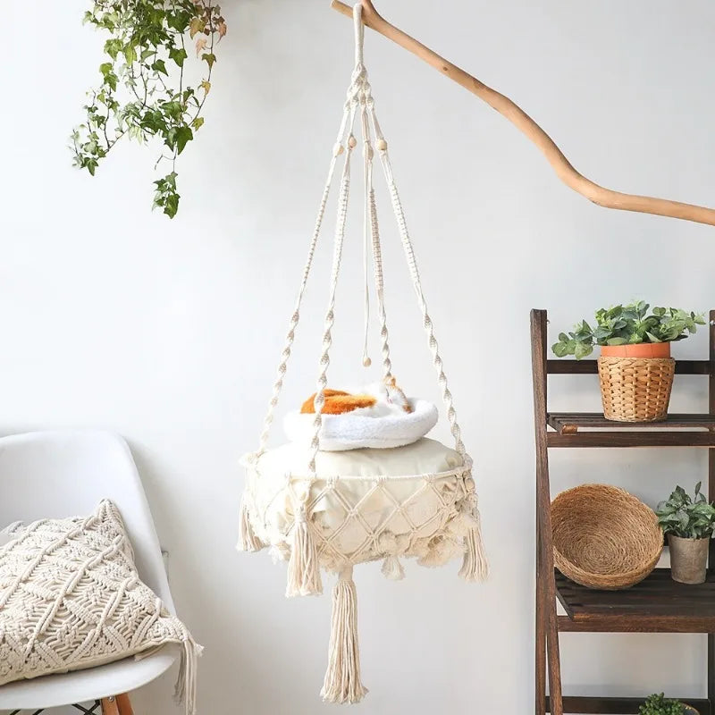 Hand-Woven Cotton Rope Winter Pet Hammock - Indoor Cat Swing and Hanging Basket for Kittens