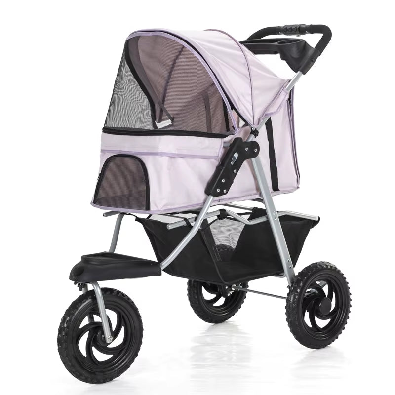 Three-Wheel Portable Pet Stroller - Foldable Dog Trolley with Breathable Design, Supports Up to 15kg