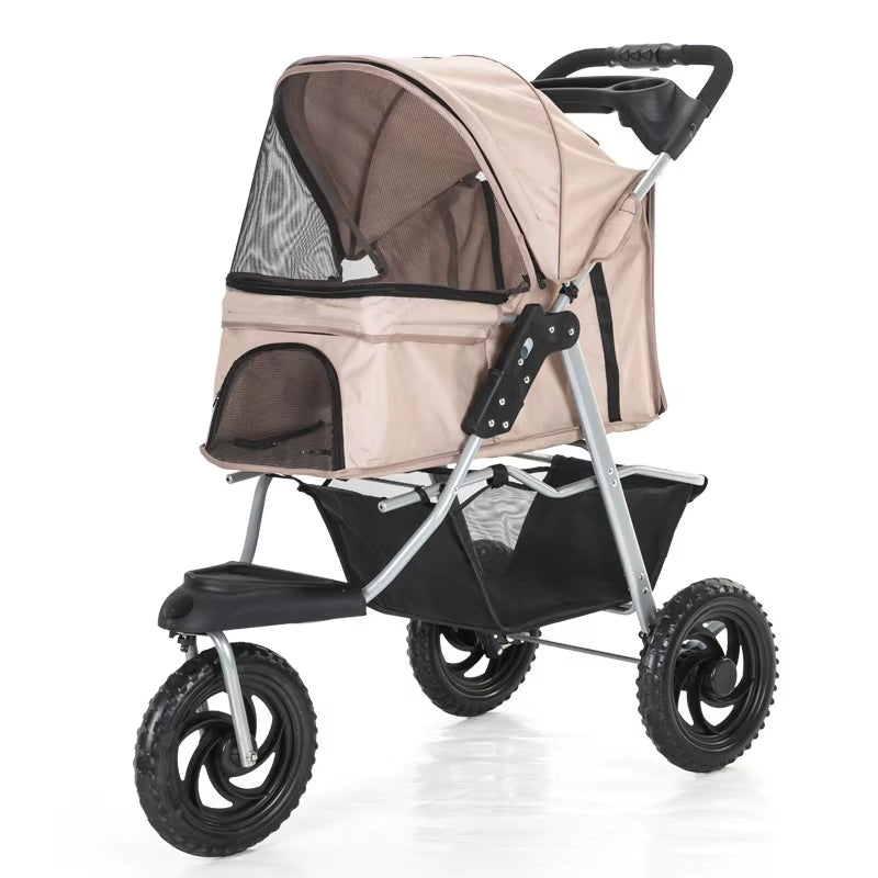 Three-Wheel Portable Pet Stroller - Foldable Dog Trolley with Breathable Design, Supports Up to 15kg