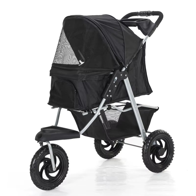 Three-Wheel Portable Pet Stroller - Foldable Dog Trolley with Breathable Design, Supports Up to 15kg