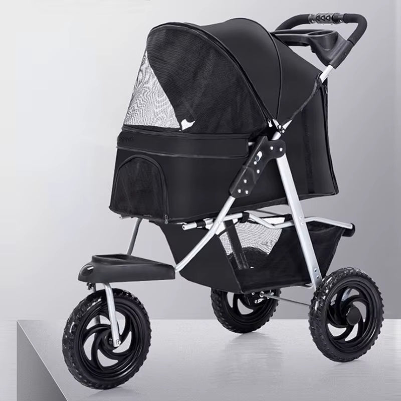 Three-Wheel Portable Pet Stroller - Foldable Dog Trolley with Breathable Design, Supports Up to 15kg