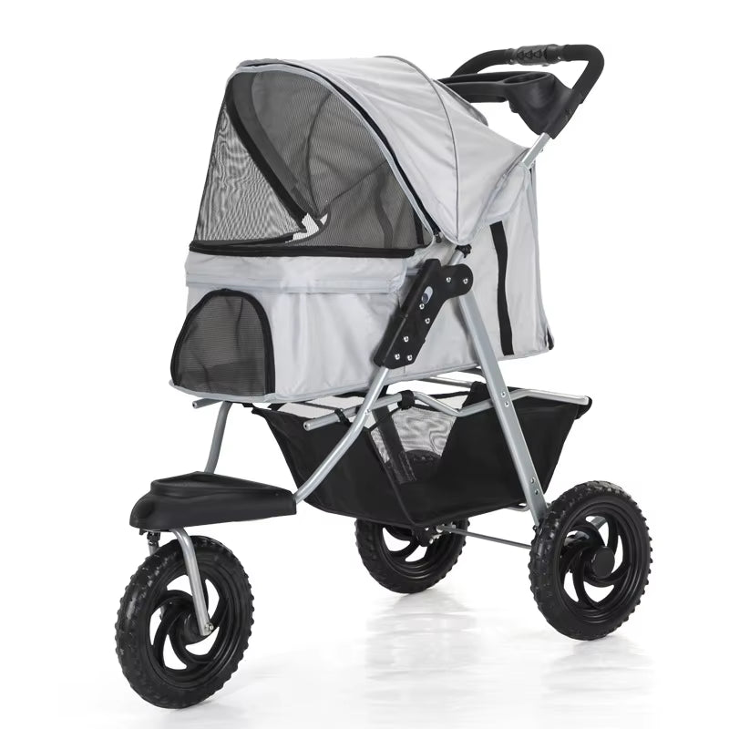 Three-Wheel Portable Pet Stroller - Foldable Dog Trolley with Breathable Design, Supports Up to 15kg