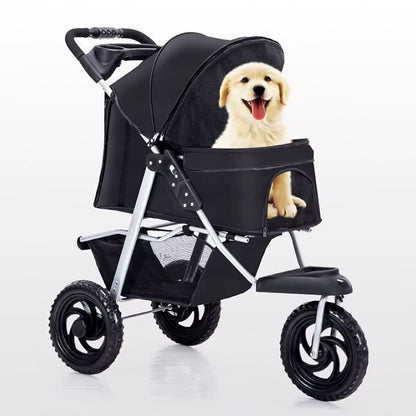Three-Wheel Portable Pet Stroller - Foldable Dog Trolley with Breathable Design, Supports Up to 15kg