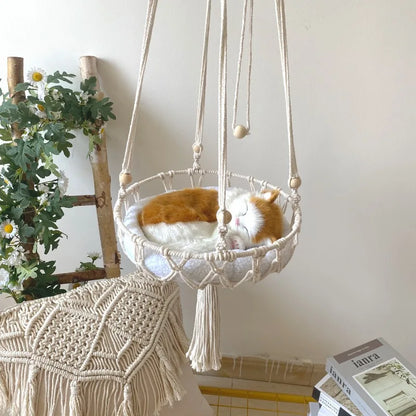 Hand-Woven Cotton Rope Winter Pet Hammock - Indoor Cat Swing and Hanging Basket for Kittens