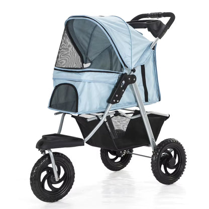 Three-Wheel Portable Pet Stroller - Foldable Dog Trolley with Breathable Design, Supports Up to 15kg