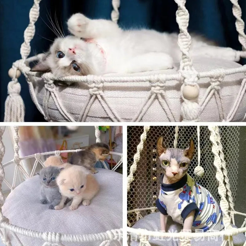 Hand-Woven Cotton Rope Winter Pet Hammock - Indoor Cat Swing and Hanging Basket for Kittens