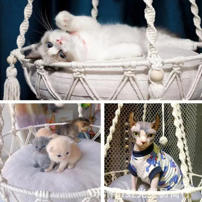 Hand-Woven Cotton Rope Winter Pet Hammock - Indoor Cat Swing and Hanging Basket for Kittens