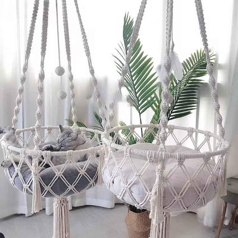 Hand-Woven Cotton Rope Winter Pet Hammock - Indoor Cat Swing and Hanging Basket for Kittens