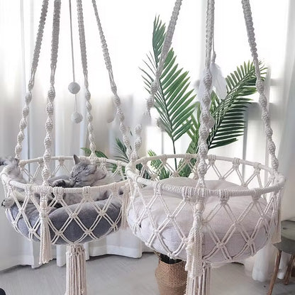 Hand-Woven Cotton Rope Winter Pet Hammock - Indoor Cat Swing and Hanging Basket for Kittens